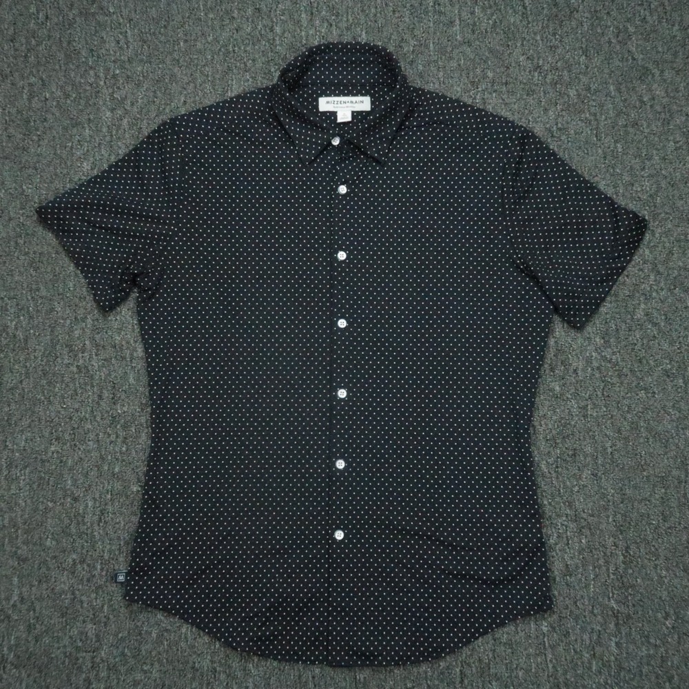 Mizzen Main Shirt Mens Small Blue White Performance Trim Polka Dot Short Sleeve
